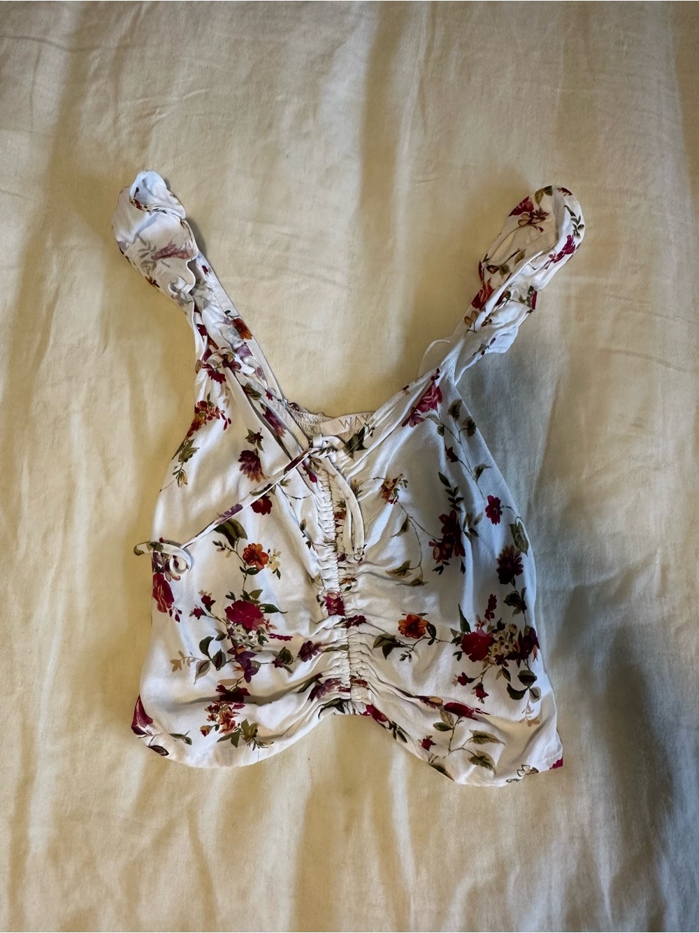 Wayf White Floral Ruched Cropped Tank Top
